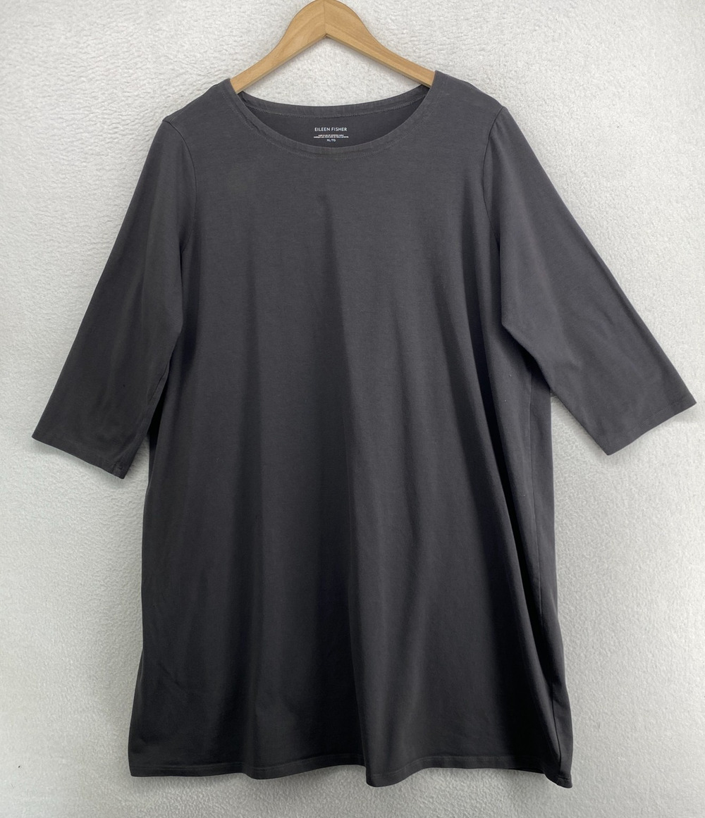 EILEEN FISHER Dress XL Organic Cotton Stretch Jersey Shift Long Sleeve Gray USA